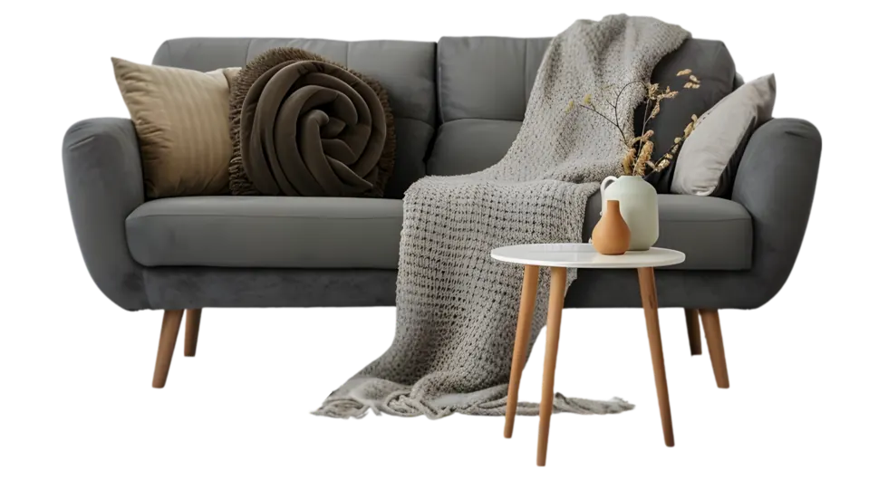 Grey three-seater sofa with knitted throw and a round side table