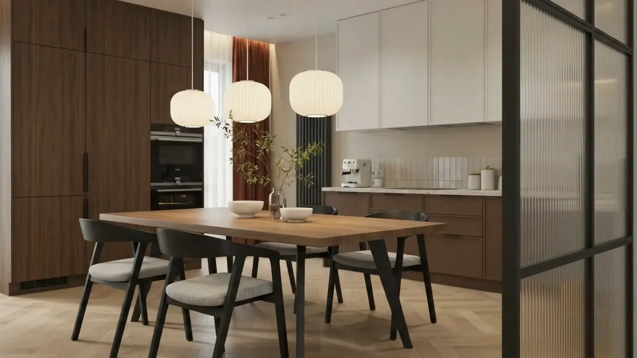 Warm modern kitchen and dining area in timber and stone