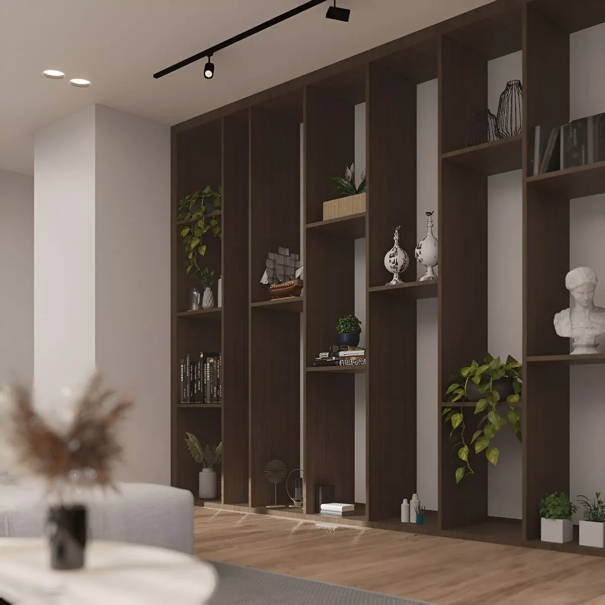 Floor-to-ceiling dark timber joinery wall with open shelves