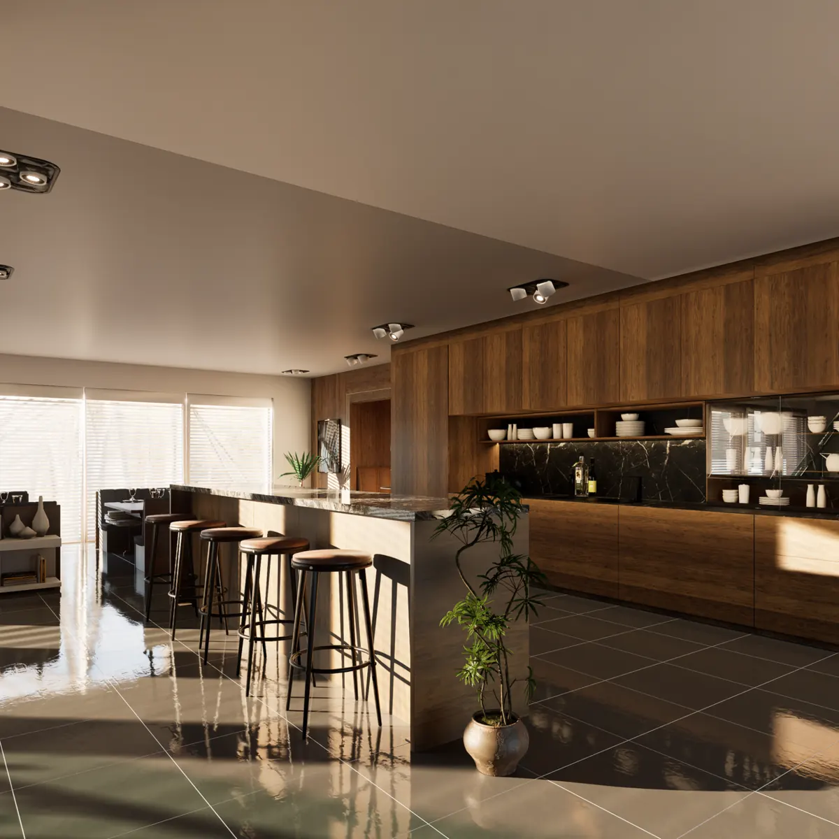 Open kitchen and bar counter in warm timber