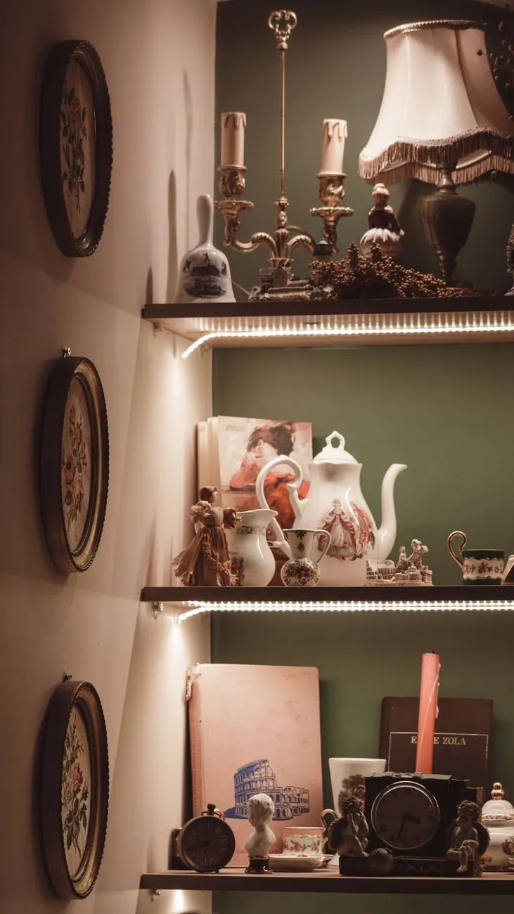 Lit niche shelving with ceramics and tableware