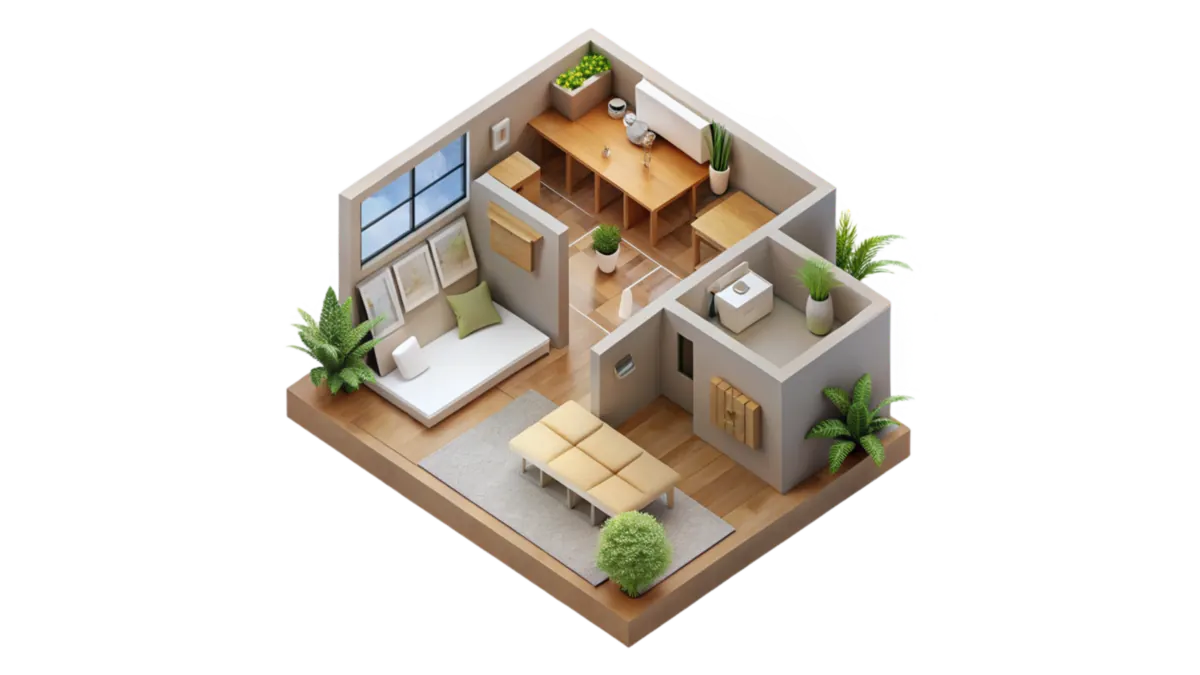 Isometric cut-away illustration of a compact apartment showing a living area with sofa, a dining table, a bedroom, a bathroom and potted plants