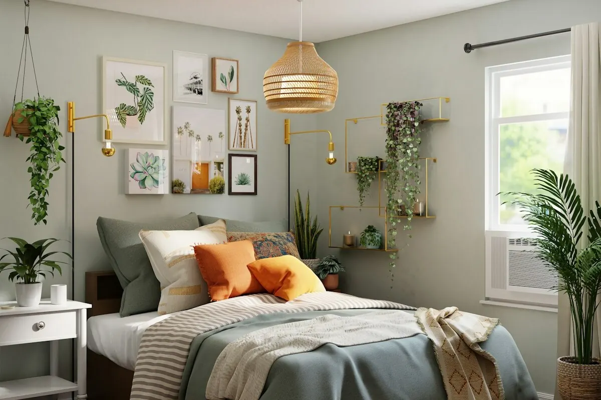 Bedroom painted in soft sage green with a gallery of botanical prints, a woven rattan pendant, hanging plants, grey bedding and orange cushions