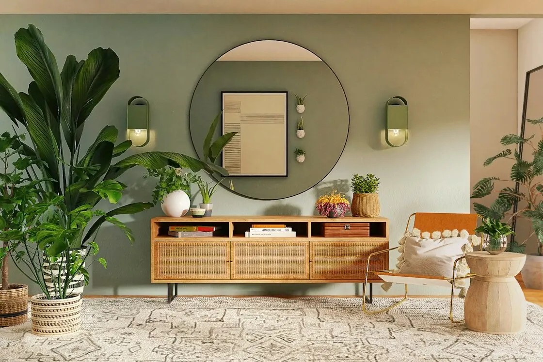 Calm living room with a sage green wall, a round mirror flanked by two wall lamps, a cane-front sideboard, large potted plants and a patterned cream rug