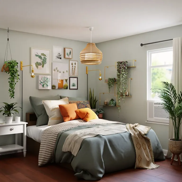 Master bedroom with layered linen, a gallery wall, trailing plants and a rattan pendant