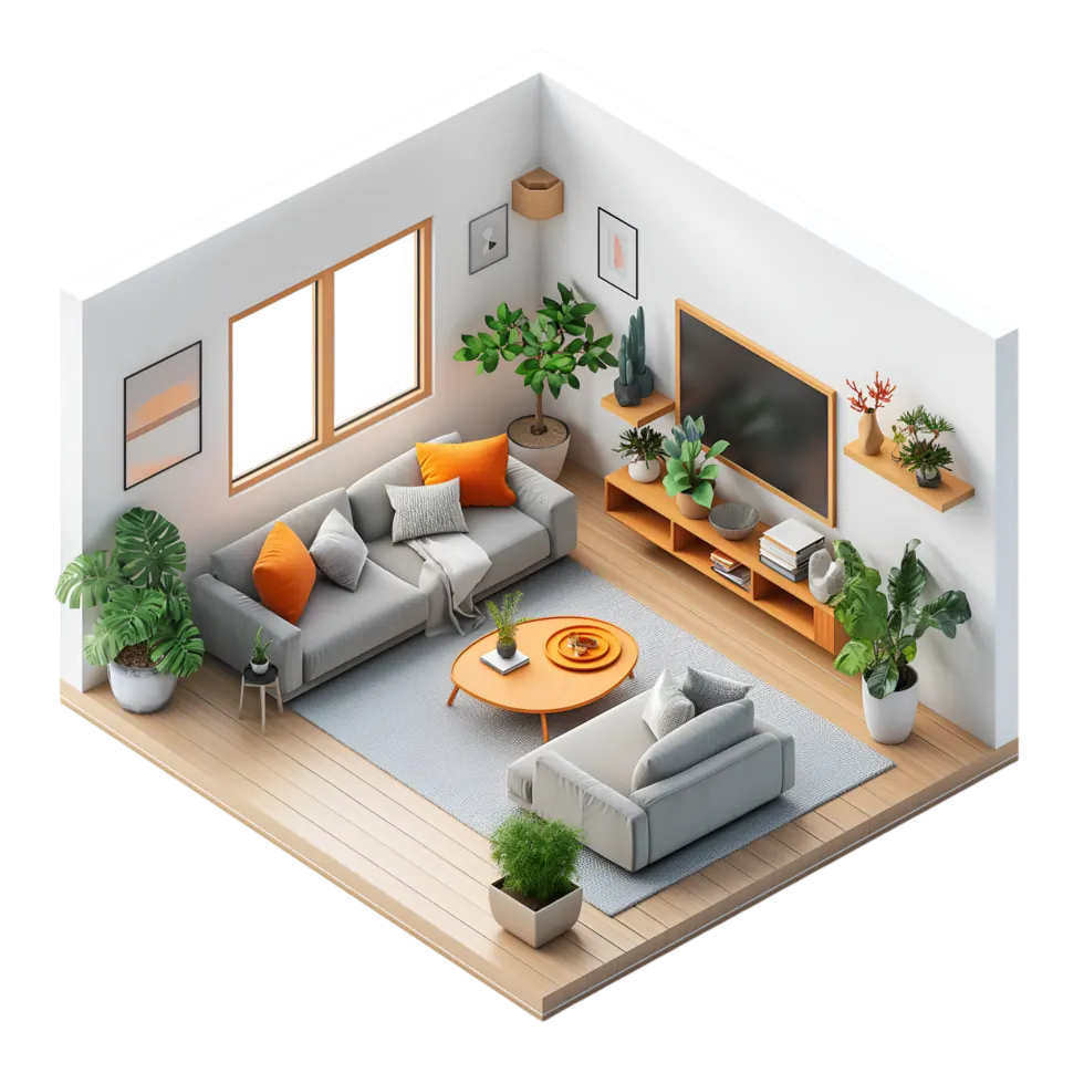 Isometric 3D render of a living room with grey sofas, a round timber coffee table, TV wall unit and indoor plants