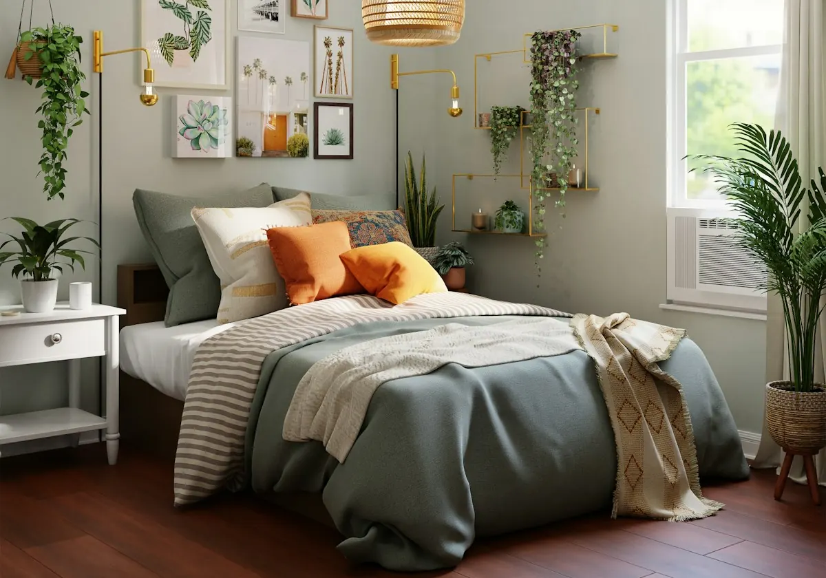 Bedroom with sage bedding, orange cushions, brass wall lamps and plants
