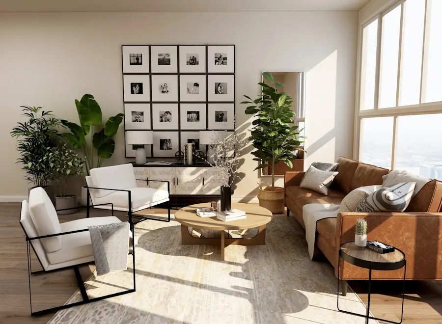 Sunlit living room with leather sofa, white lounge chairs and a gallery wall