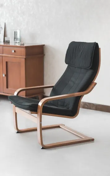 Bent-wood lounge chair with a black cushion beside a timber cabinet