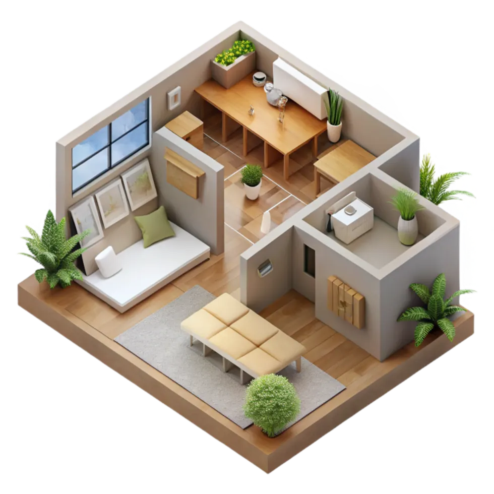 Isometric cut-away illustration of a furnished apartment with living, dining and bedroom spaces