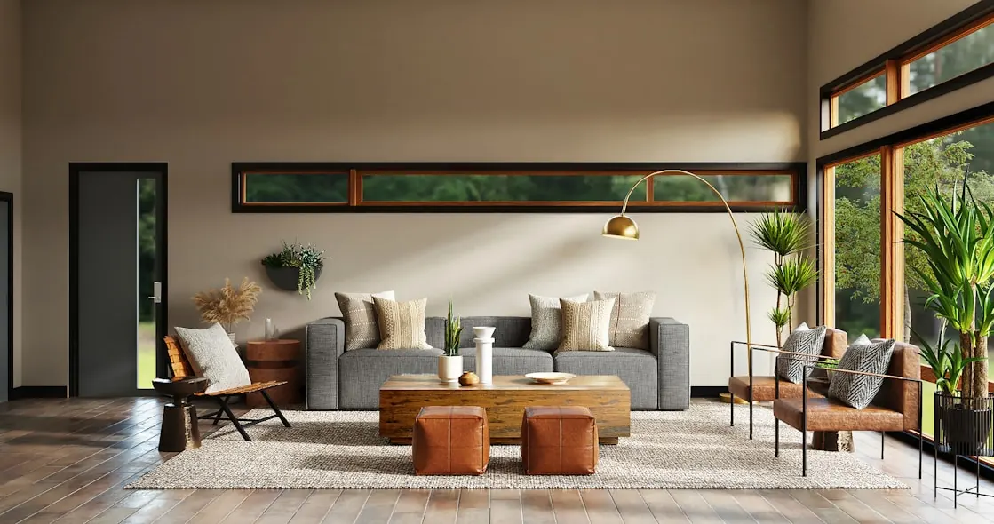 Bright living room with a grey sofa, leather ottomans and a long clerestory window