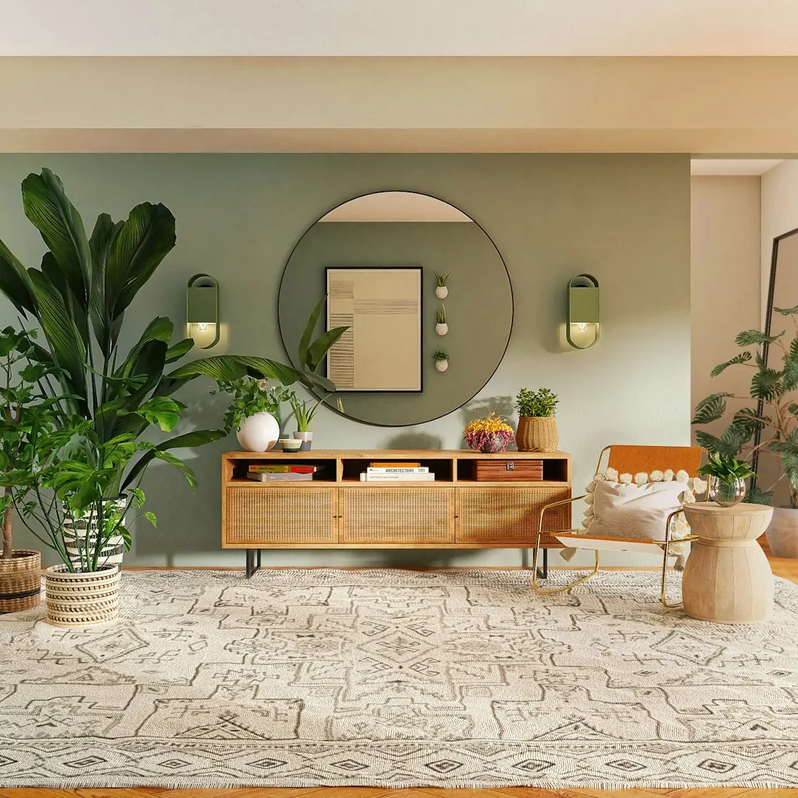 Sage-green living room with a round mirror, cane sideboard, patterned rug and indoor plants