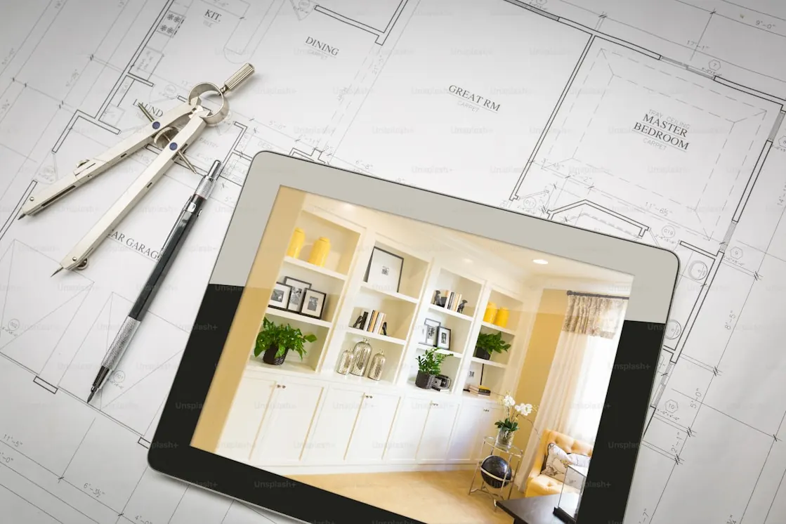 Floor plan drawings with a drafting compass and a tablet showing a 3D view of built-in shelving